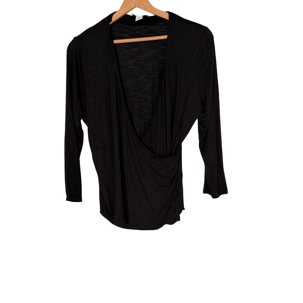 WHBM Surplice Wrap Top Women XL Black Ruched‎ V-Neck Long Sleeve 570350342